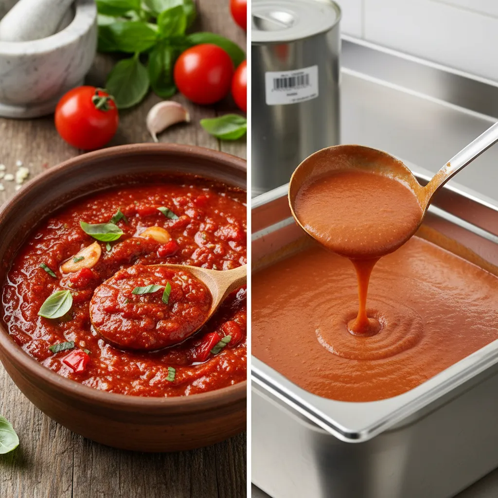 Split comparison of a home-cooked sauce and factory-produced version highlighting the quality gap